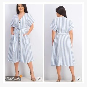 Mango Blue White Striped Linen Belted Dress